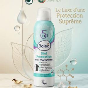 DEODORANT BALEA 5in1 PROTECTION, Assure 48 heures de fraîcheur continue et neutralise efficacement les odeurs corporelles. Protège activement vos vêtements contre les traces blanches et les taches jaunes. Formulé sans alcool (sans éthanol) et certifié vegan pour préserver l'équilibre naturel de votre peau.
