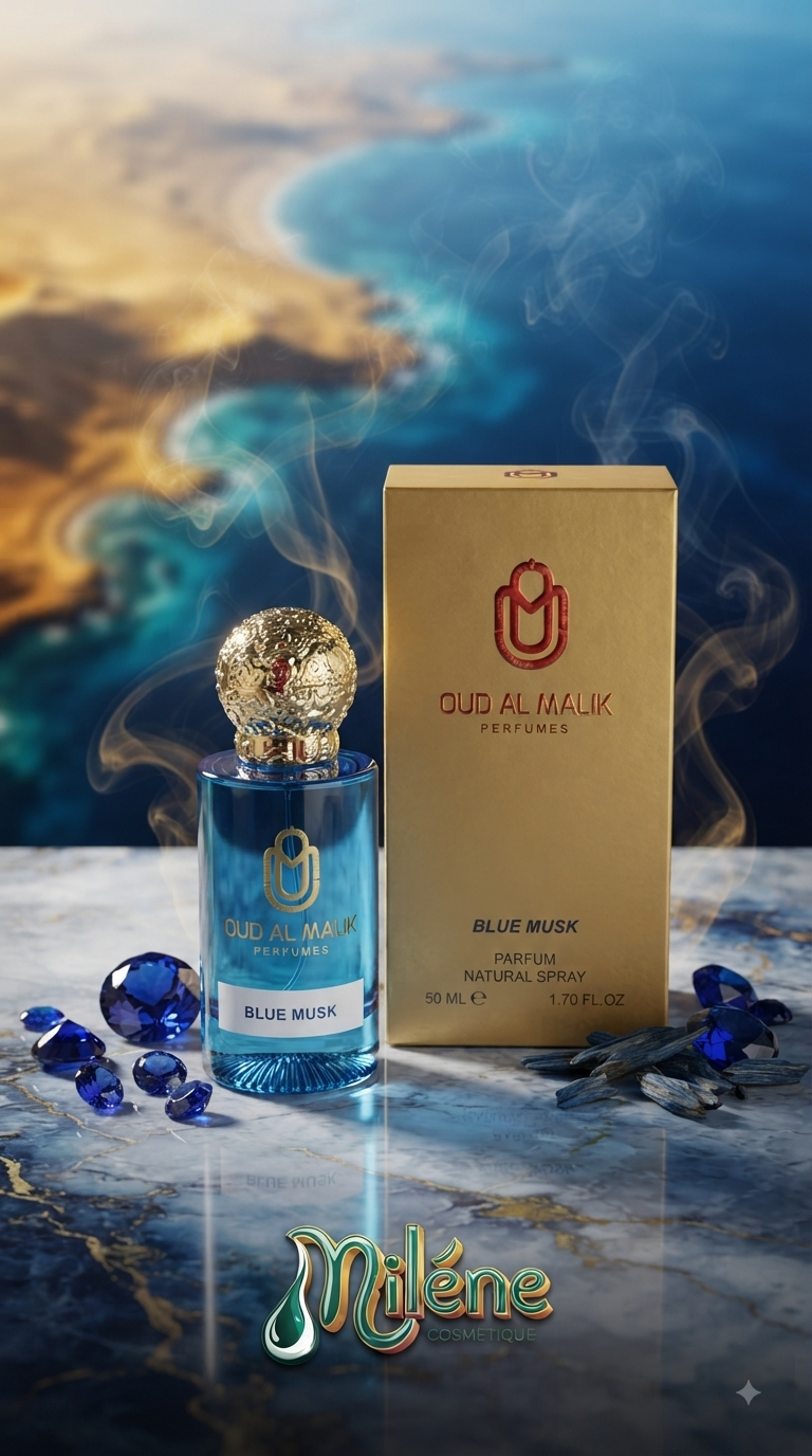 OUD AL MALIK: BLUE MUSK, un parfum d'exception à l'intensité captive et à l'élégance affirmée. Découvrez l'accord puissant du bois de oud, symbole de luxe et de mystère, magnifié par la profondeur sensuelle du musc bleu. Un parfum d'une tenue exceptionnelle, capturé dans un flacon aussi précieux qu’une gemme, couronné de son bouchon doré orné de filigranes.