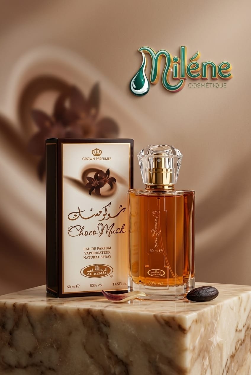 PARFUM CHOCO MUSK de AL-REHAB, L'union parfaite d'un chocolat riche, d'une vanille douce et d'une touche de musc délicat pour une senteur purement addictive. Une eau de parfum concentrée (80% Vol) en spray vaporisateur qui vous enveloppe d'une douceur gourmande tout au long de la journée. Un flacon transparent aux reflets ambrés chaleureux surmonté d'un capuchon cristallin, présenté dans son étui raffiné (50 ml / 1.65 fl. oz.). ✨ Une véritable douceur olfactive à porter au quotidien.