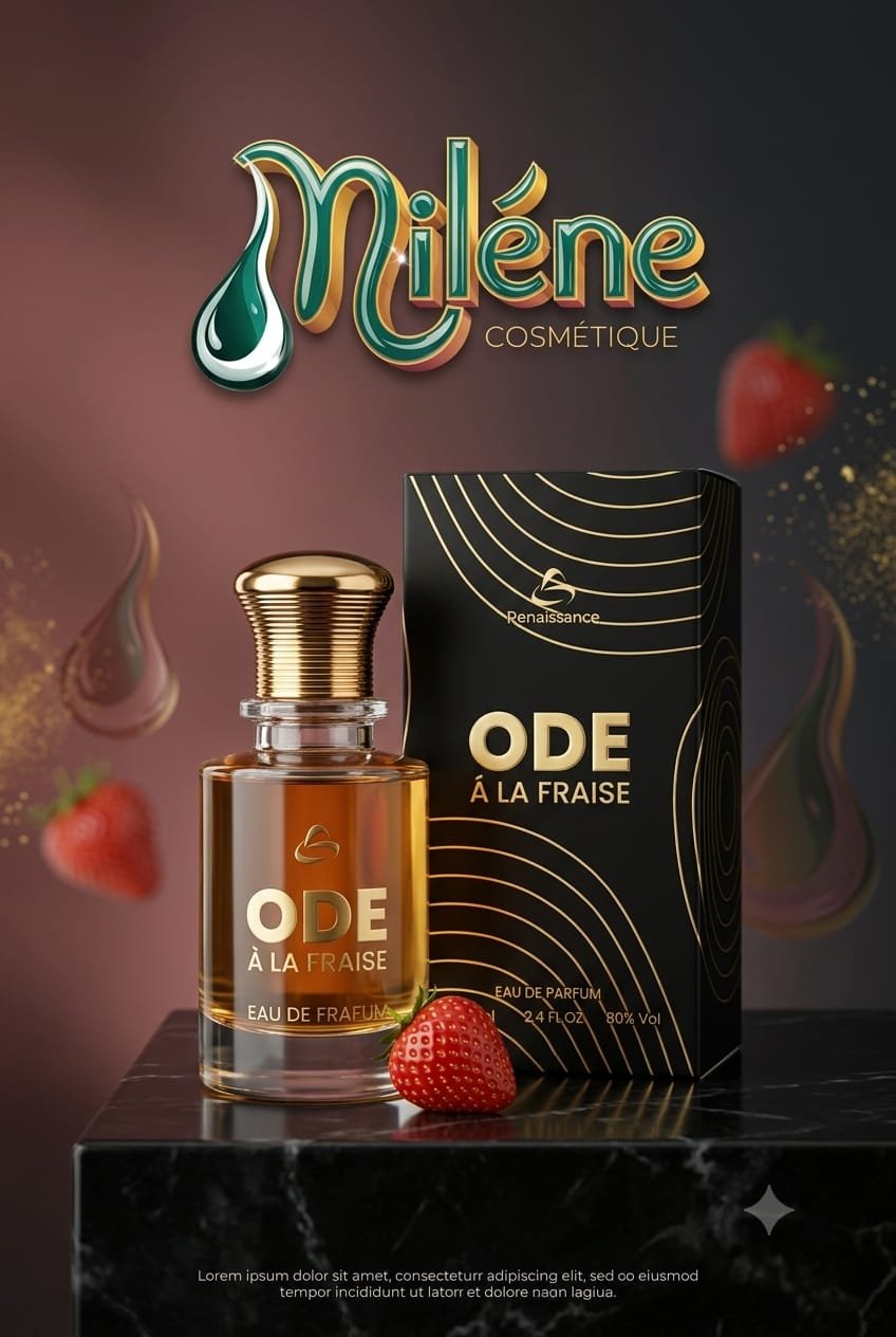 PARFUM ODE à la FRAISE 🍓 de RENAISSANCE, Sillage Gourmand & Fruité : Des notes juteuses et envoûtantes de fraise qui apportent une fraîcheur irrésistible et féminine tout au long de la journée. Haute Concentration : Une formule riche à 80% Vol garantissant une excellente tenue et un sillage délicieusement captivant. Un flacon en verre ambré surmonté d'un bouchon doré ciselé, présenté dans son étui noir orné de lignes dorées élégantes.