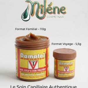 POMMADE Damatol Medicated Hair, Scalp & Skin Treatment un soin polyvalent conçu pour le soin des cheveux, du cuir chevelu et de la peau. Enrichi en vitamine A et doté d'une formule originale, il aide à lisser, apaiser et protéger durablement.   Idéal pour toute la famille, ce soin aide à traiter les problèmes de cuir chevelu sec, favorise la santé des cheveux et protège l'épiderme. Disponible en Format Familial (110g) et en Format Voyage (5.5g) pour vous accompagner partout !   Appliquez une quantité adéquate de produit sur la zone concernée (cuir chevelu, cheveux ou peau) et massez délicatement pour faire pénétrer. À utiliser régulièrement selon les besoins de votre routine de soin.
