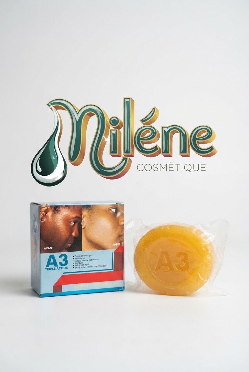 SAVON A3 TRIPLE ACTION : Ce puissant savon éclaircissant est formulé pour cibler les taches brunes, les imperfections et les irrégularités du teint. En seulement 7 jours, vous pouvez observer une peau visiblement plus claire, unifiée et éclatante de santé. Atténue l'apparence des taches et éclaircit le teint. Élimine en douceur les impuretés et les cellules mortes pour une peau nette. Laisse la peau douce et nourrie après chaque utilisation.