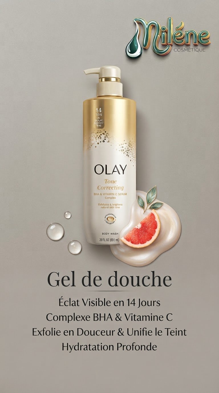 GEL DE DOUCHE OLAY Tone Correcting Body Wash Conçu pour révéler un éclat visible en 14 jours, ce soin corporel offre une véritable cure de jouvence à votre épiderme. Complexe BHA & Vitamine C : Une formule experte qui agit en profondeur. Exfolie en Douceur & Unifie le Teint : Pour retrouver une peau nette, harmonieuse et lumineuse. Hydratation Profonde : Nourrit intensément la peau tout en respectant son équilibre naturel.