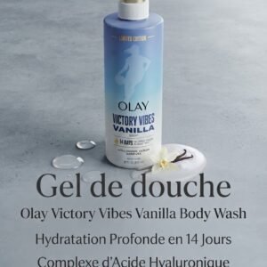 GEL DE DOUCHE OLAY Victory Vibes Vanilla, formulé pour prendre soin de votre corps au quotidien, il assure une hydratation profonde en 14 jours pour un toucher velouté. Nourrit intensément l'épiderme pour restaurer l'équilibre de la peau. Laisse une empreinte olfactive délicate, chaleureuse et relaxante sur votre corps. Offre une peau visiblement souple et soyeuse à chaque utilisation.