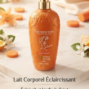 LAIT DE CORPS PURE INDIAN WHITE : Spécialement formulé à base d'extraits de carotte, ce soin complet agit en profondeur pour transformer et prendre soin de votre peau au quotidien. Éclaircit et Unifie le Teint : Pour un grain de peau lumineux, harmonieux et éclatant de santé. Action Anti-Imperfections : Réduit efficacement les taches et les marques cutanées. Anti-Âge & Anti-Rrides : Lutte activement contre le vieillissement cutané pour préserver la jeunesse de votre peau. Hydratation Intense et Nutrition : Une formule riche qui nourrit intensément et enveloppe votre corps de douceur (format généreux de 500 ml).