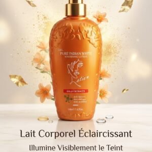 LAIT DE CORPS PURE INDIAN WHITE e nrichi en extraits d'or (Gold Extracts) , ce soin luxueux est spécialement conçu pour illuminer votre peau et lui redonner tout son éclat. Action Anti-Imperfections : Réduit efficacement les taches et les marques cutanées. Action Anti-Âge & Anti-Rrides : Lutte activement contre le vieillissement cutané pour préserver la jeunesse de votre peau. Hydratation Intense et Nutrition : Une formule riche en format de 500 ml qui nourrit et hydrate profondément.