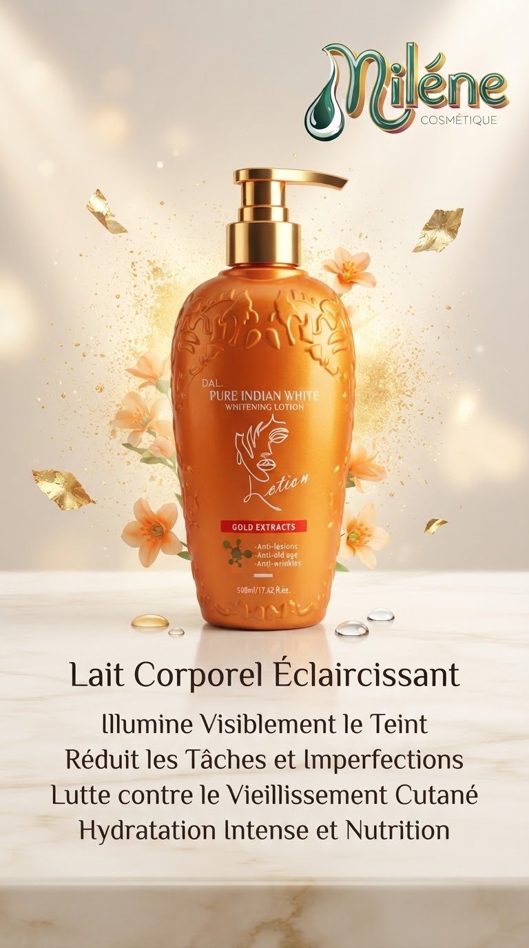 LAIT DE CORPS PURE INDIAN WHITE e nrichi en extraits d'or (Gold Extracts) , ce soin luxueux est spécialement conçu pour illuminer votre peau et lui redonner tout son éclat. Action Anti-Imperfections : Réduit efficacement les taches et les marques cutanées. Action Anti-Âge & Anti-Rrides : Lutte activement contre le vieillissement cutané pour préserver la jeunesse de votre peau. Hydratation Intense et Nutrition : Une formule riche en format de 500 ml qui nourrit et hydrate profondément.