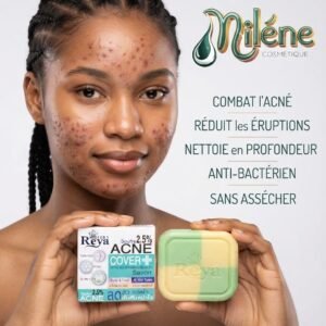 SAVON Reya Acne Cover+ au soufre (2.5%) : Aide à lutter efficacement contre les imperfections. Atténue l'apparition des boutons et des éruptions cutanées. Purifie l'épiderme tout en offrant une action anti-bactérienne. Nettoie la peau sans l'agresser ni l'assécher pour le visage et le corps.