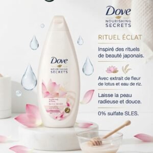 GEL DE DOUCHE DOVE Inspiré des rituels de beauté japonais pour une mise en beauté authentique. Enrichi en extrait de fleur de lotus et en eau de riz. Laisse la peau douce, lumineuse et délicatement soignée au quotidien.  Garanti sans 0% sulfate SLES.