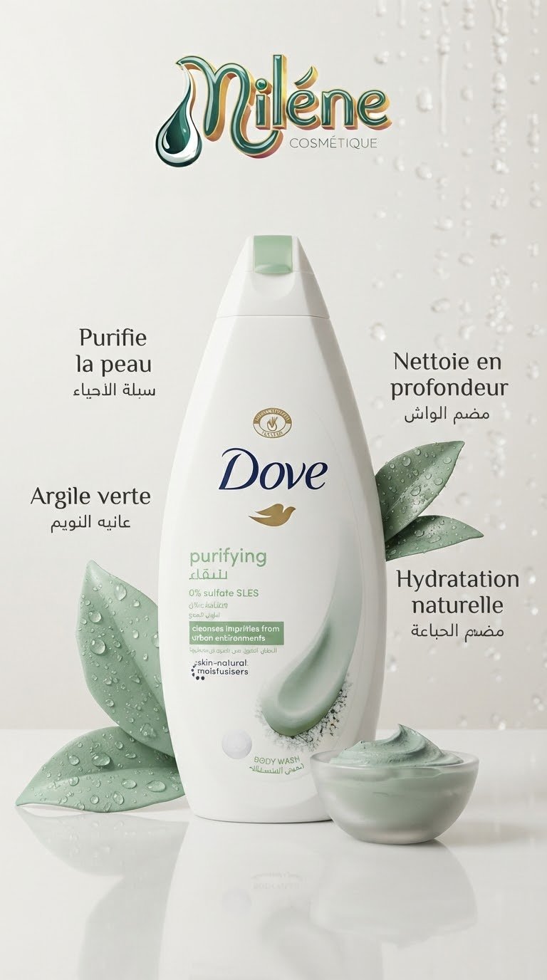 GEL DE DOUCHE DOVE Purifying à l'argile verte : Aide à purifier l'épiderme en éliminant les impuretés des environnements urbains. Assure un nettoyage en profondeur tout en respectant l'équilibre cutané. Formulé avec de l'argile verte et des agents hydratants d'origine naturelle pour une peau douce et fraîche.